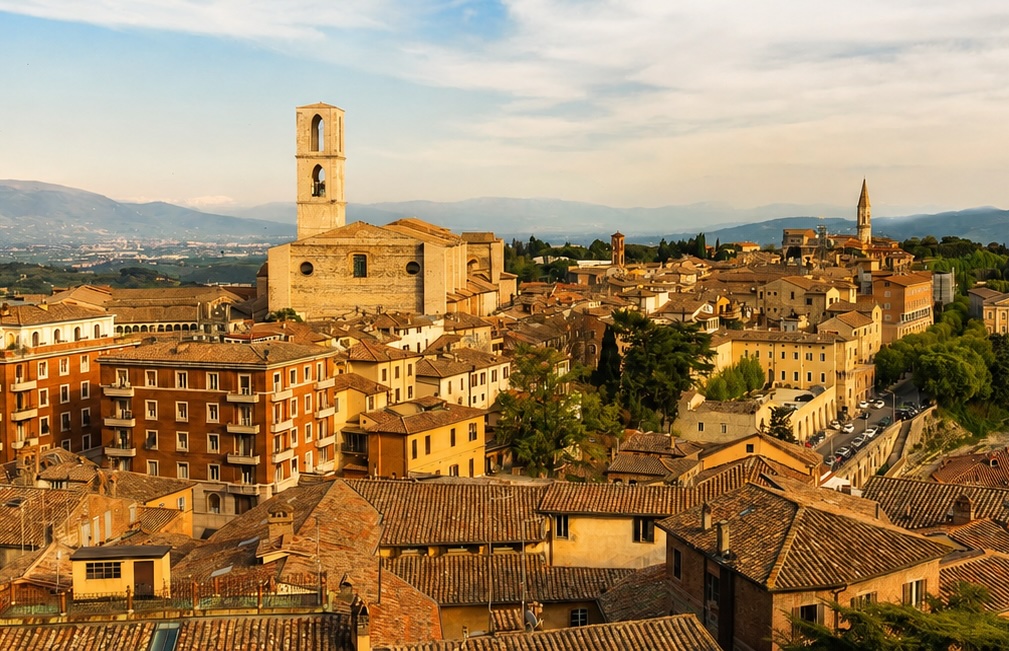 Panorama del centro storico di Perugia con la basilica di San Domenico e i tetti in cotto